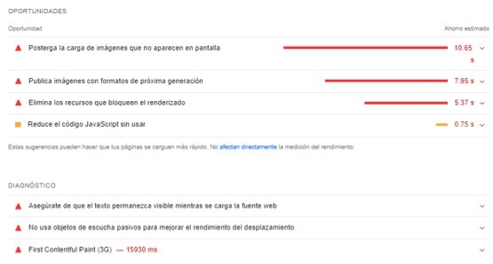 Ejemplo de algunas oportunidades y diagnóstico que ofrece PageSpeed