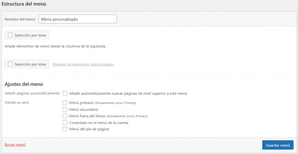 Sección del menú personalizado en WP