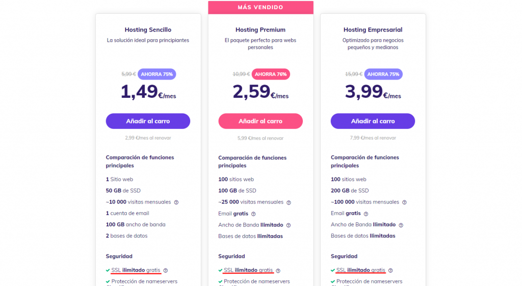 SSL ilimitado gratis en los planes de Hostinger.