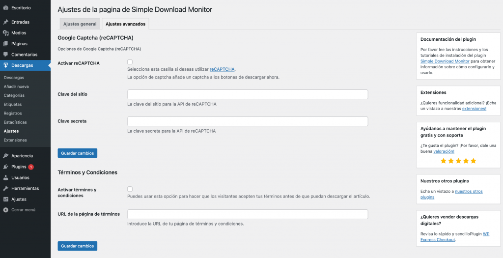 Página de configuración de Simple Download Monitor, mostrando las opciones de reCAPTCHA y Términos y Condiciones