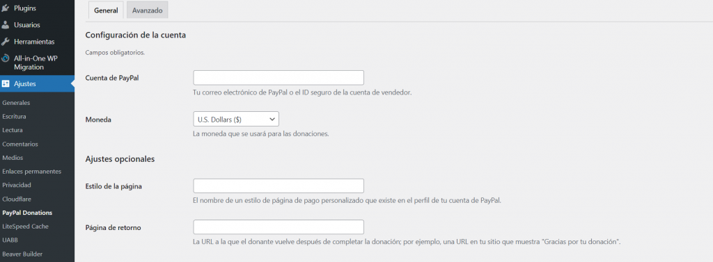 Configurar el botón de donación de PayPal en el panel de WordPress