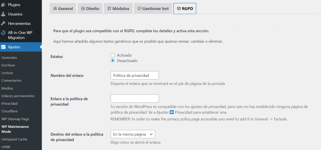 Sección RGPD en WP de WP Maintenance Mode