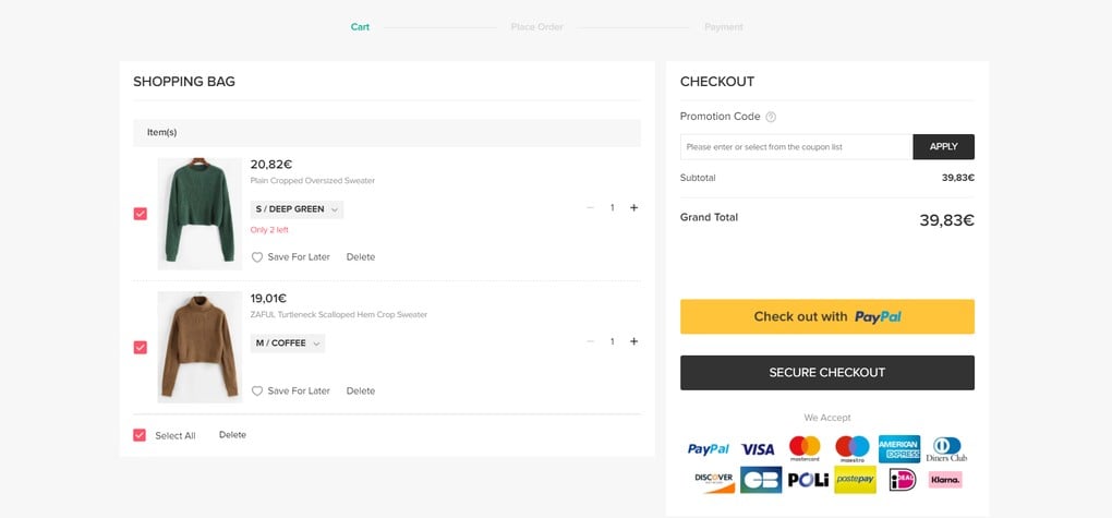 Visualización de las opciones de pago con tarjeta de crédito al finalizar la compra
