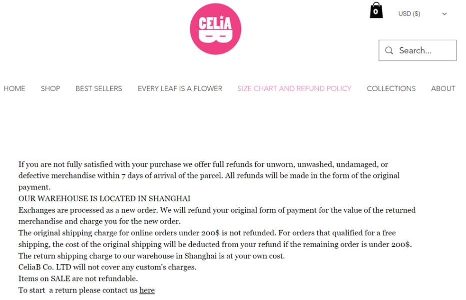 Ejemplo de política de devolución y reembolsos de la empresa CeliaB