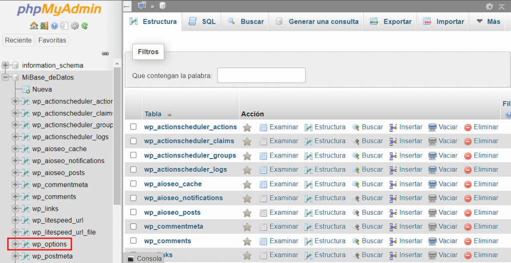 wp-options en PHPMyAdmin