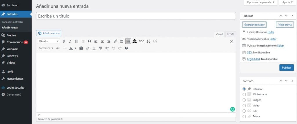 Visualización del editor clásico para crear una entrada