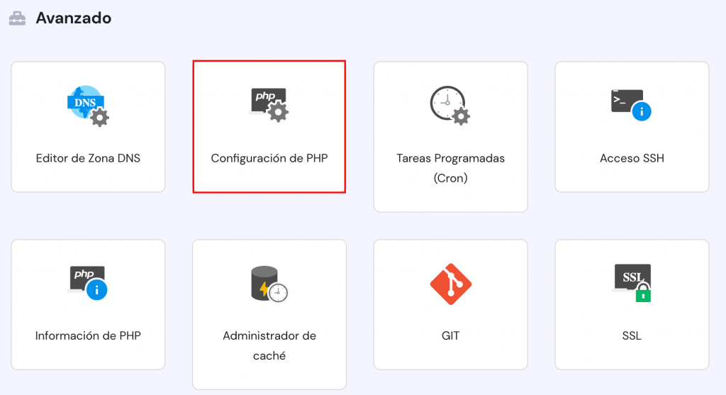 Hostinger hPanel con el menú de Configuraciones PHP