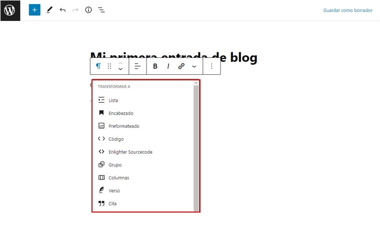 Opción para editar el bloque actual