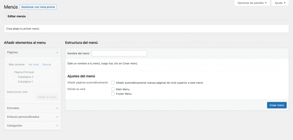 Sección de menús donde el usuario puede personalizar sus menús