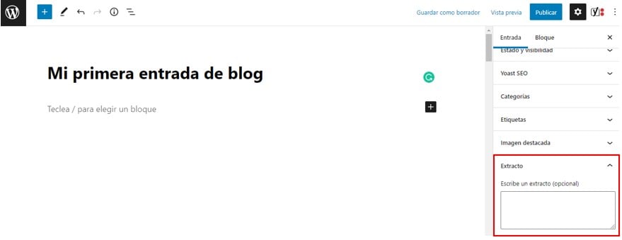 Visualización de la opción de extracto dentro del editor de bloques