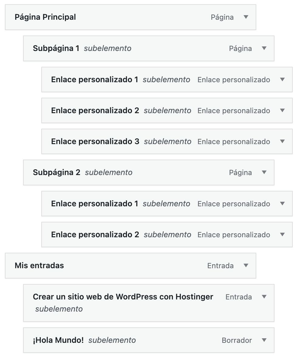 un ejemplo de relación entre elementos de menú hijos y padres