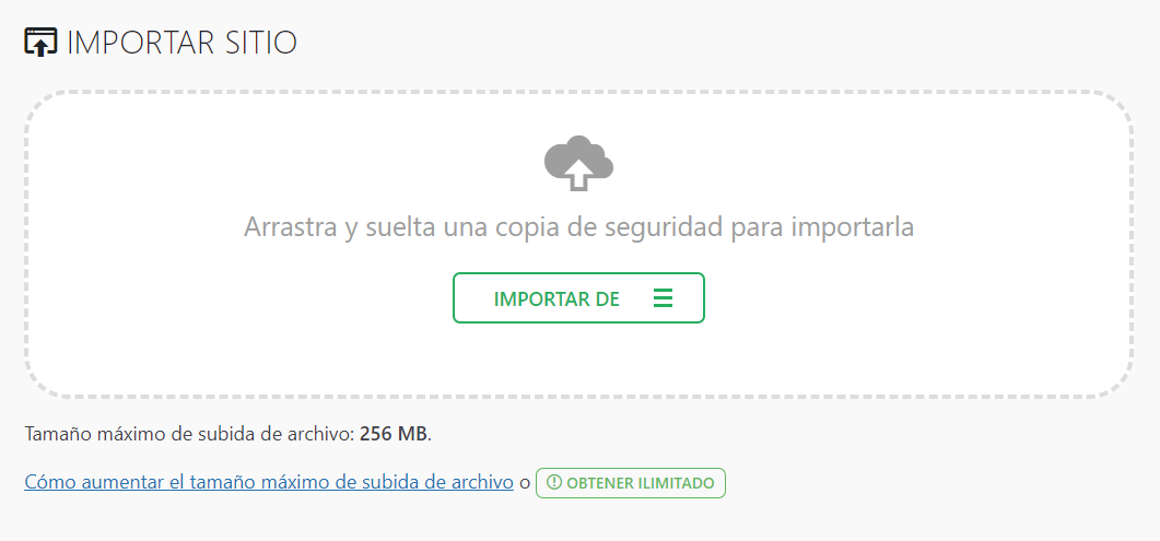 Sección para Importar sitio desde All-in-One WP Migration.