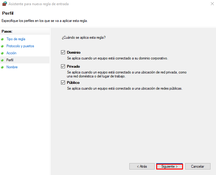 Pestaña Perfil en el Asistente para nueva regla de entrada