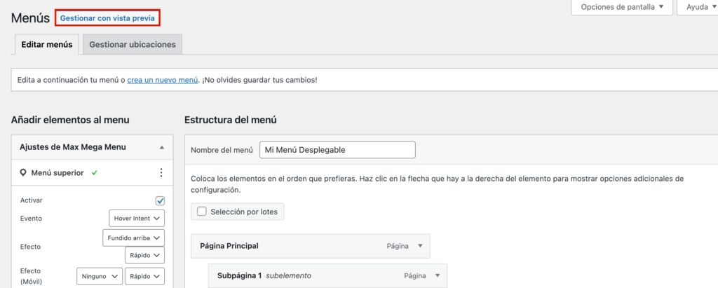 cómo localizar el botón de vista previa en vivo dentro de la página de menús
