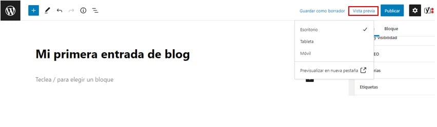 Opción para obtener la vista previa de la entrada 