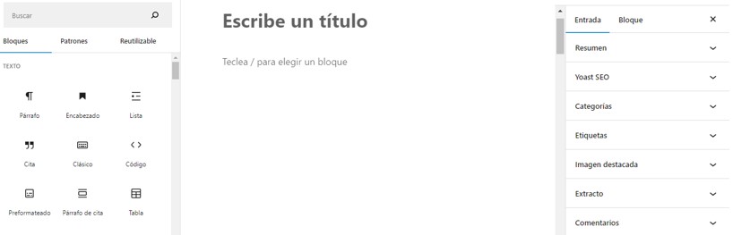 Vista del editor de bloques de WordPress