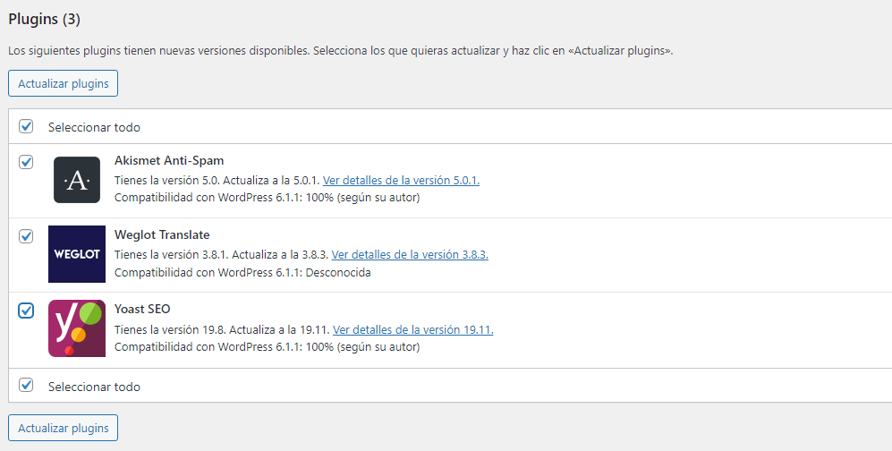 Actualizar plugins desde la sección Actualizaciones de WordPress