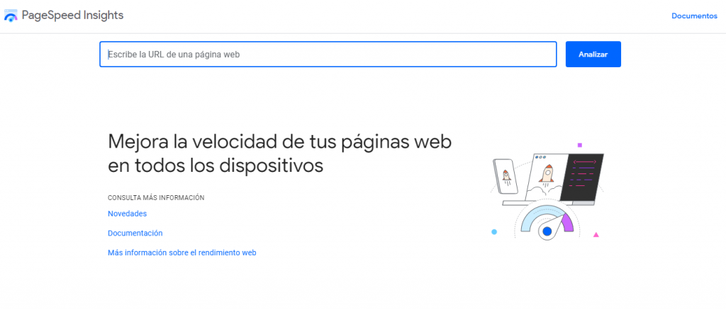 Página de inicio de PageSpeed Insights