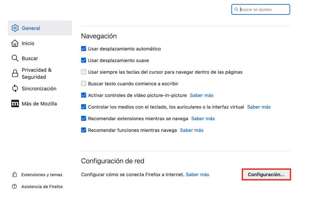 Configuración de red en Firefox