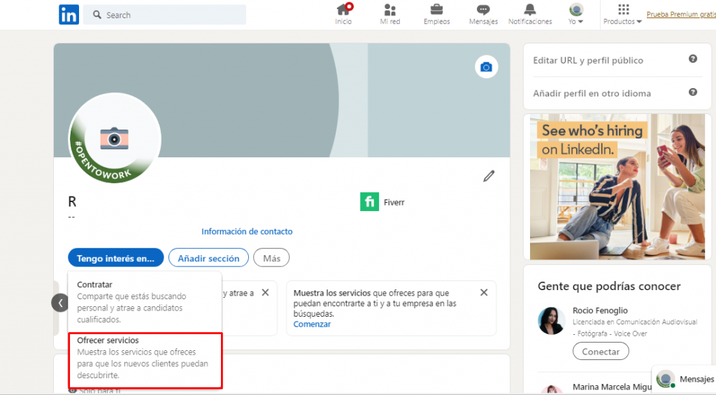 Pestaña para ofrecer servicios en Linkedin