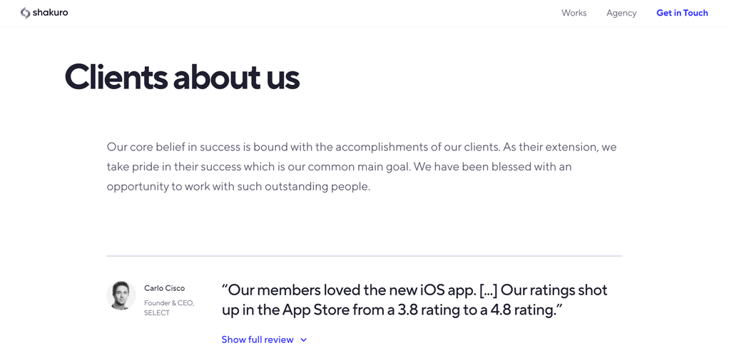 Página de testimonios de Shakuro