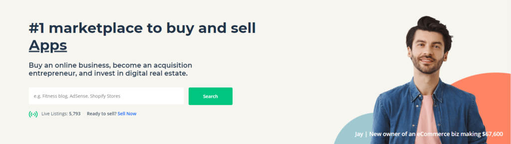 Página de inicio de Flippa para vender sitios web