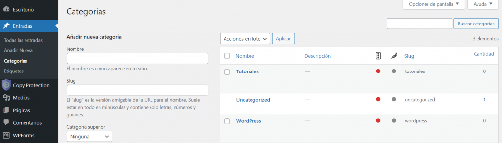 Opción del menú de WordPress para añadir categorías