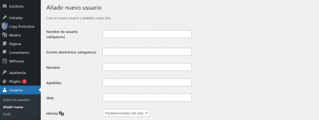 Sección de WordPress para añadir un nuevo usuario