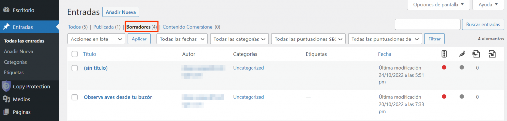 Visualización de las entradas que se encuentran como borrador