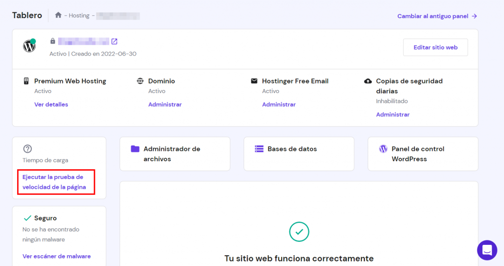 Función para ejecutar pruebas de velocidad de página en hPanel