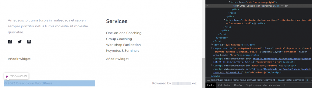 Fragmento de código de "Creado con WordPress" en Google Chrome