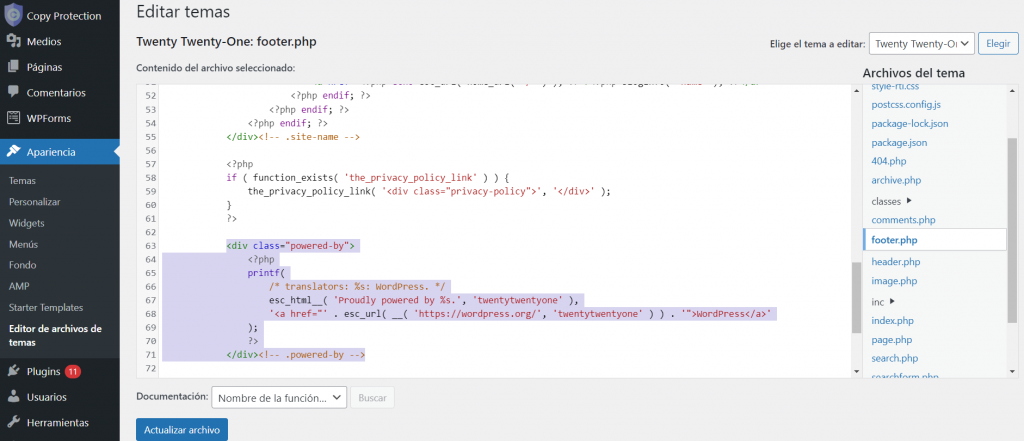 Código del footer de un tema de WordPress