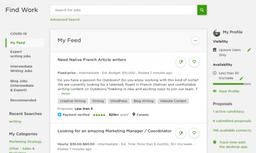 Listado de trabajos disponibles en Upwork