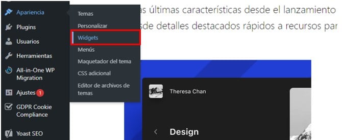 Opción de Widgets en el escritorio de WordPress