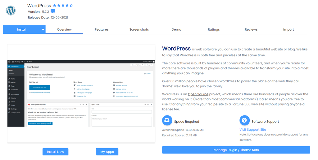 Script de WordPress en Softaculous