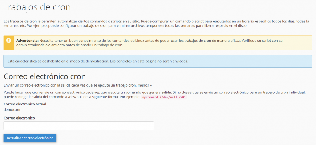 Pestaña para recibir notificaciones de cron jobs ejecutados de cPanel