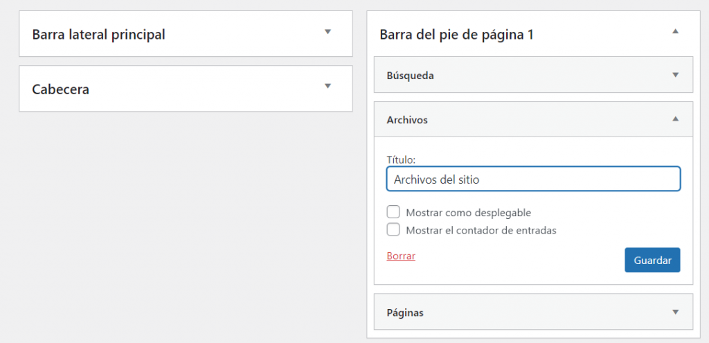 Visualización de los widgets del footer.