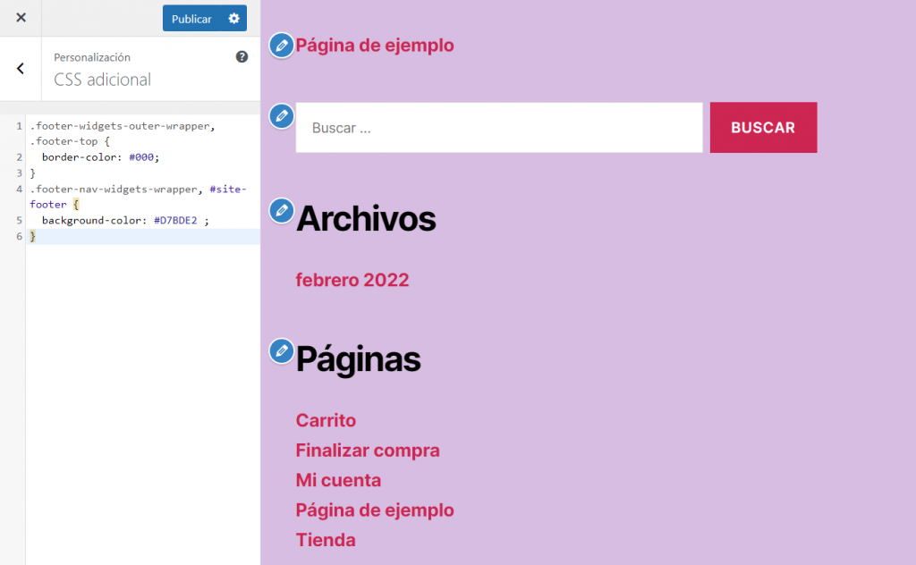 Ejemplo de código CSS para modificar el color del fondo y del borde del pie de página en WordPress.