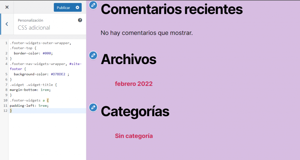 Ejemplo de código para editar el rellendo y el margen del pie de página en el personalizador de WordPress.