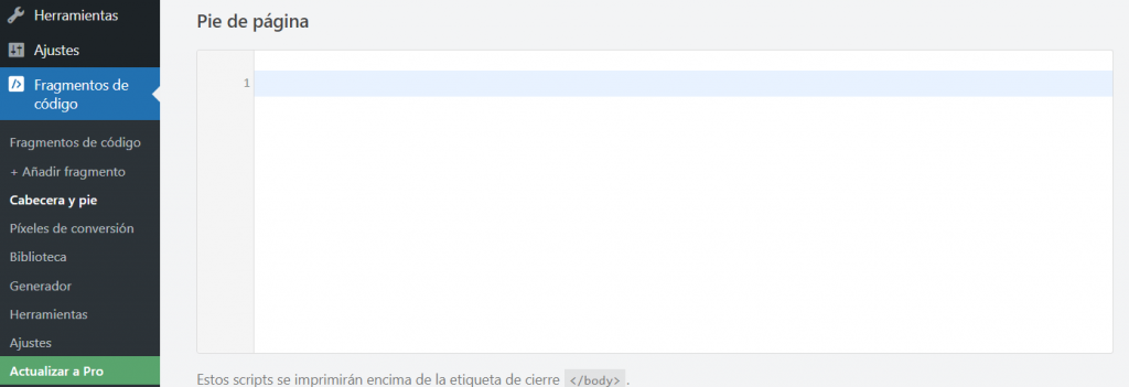 Sección para agregar scripts en el pie de página con el plugin Insert Headers and Footers.