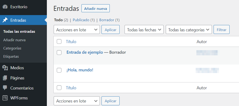 Visualización de entradas en el panel de WordPress.