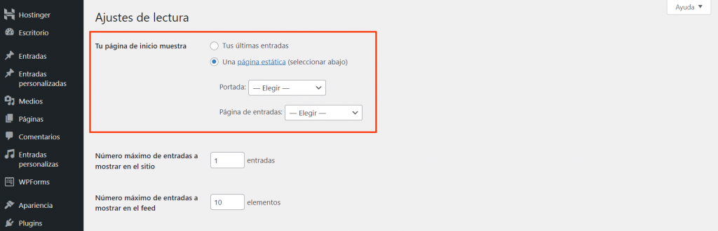 Sección Ajustes de lectura de WordPress