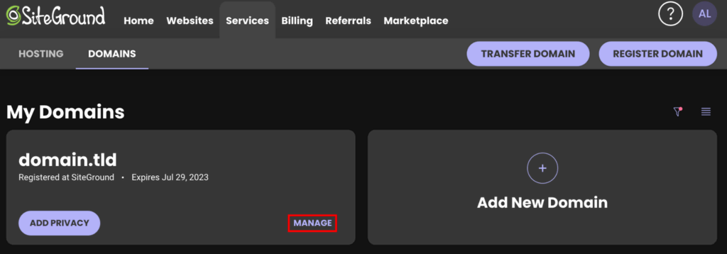 Sección de dominios de SiteGround