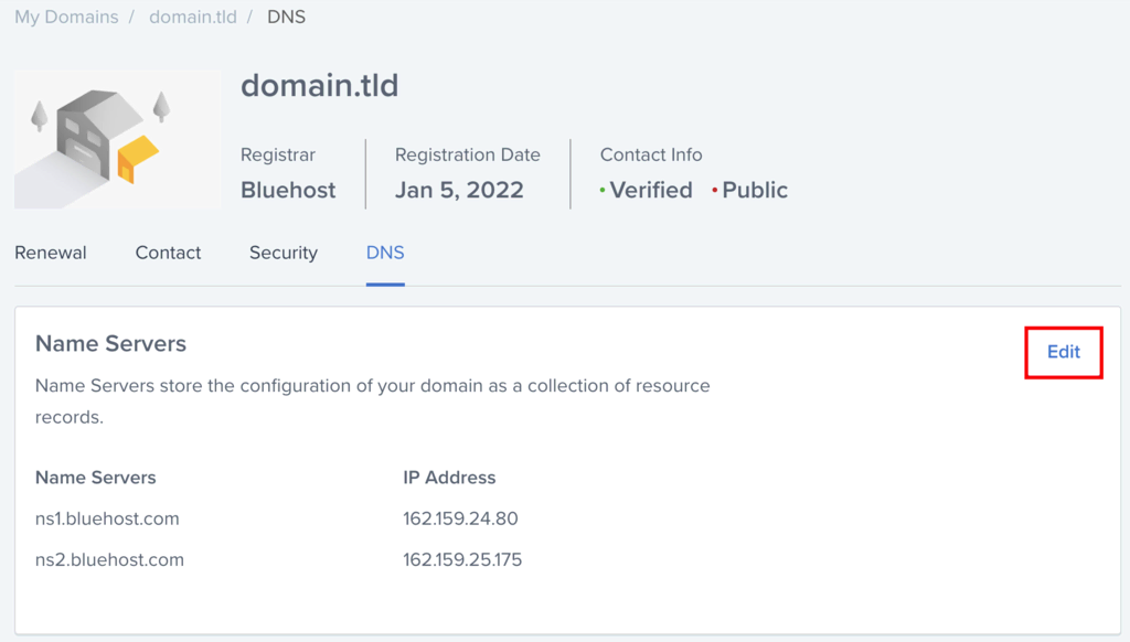 Sección DNS de Bluehost