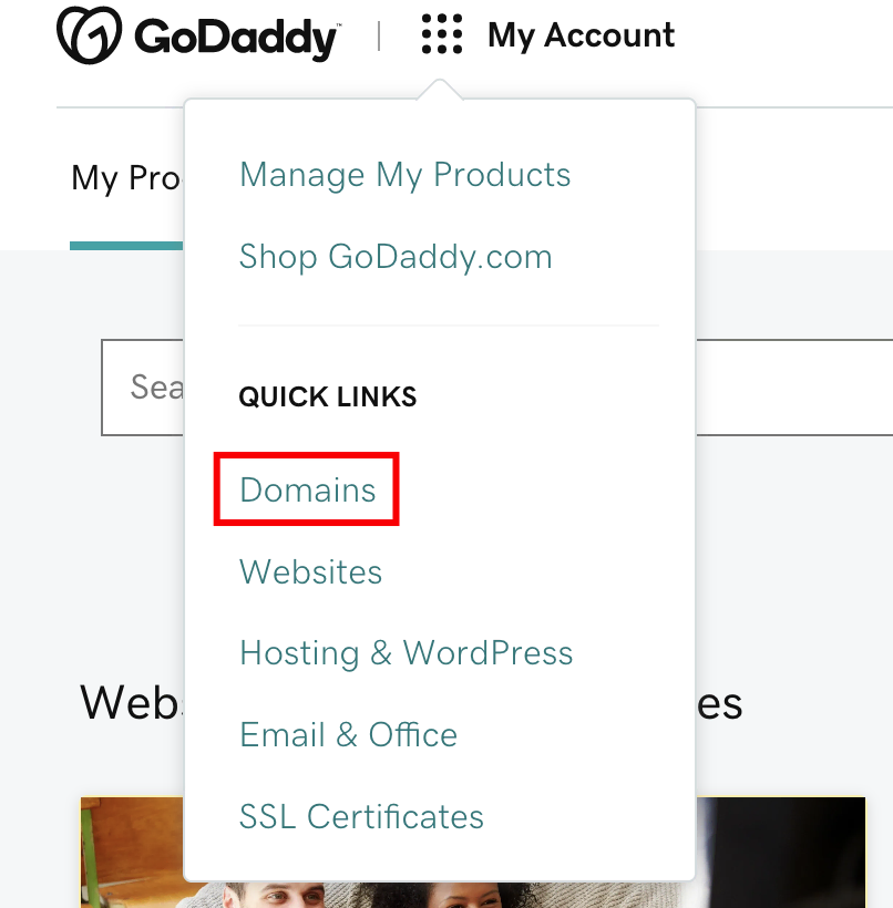 Sección Dominios de GoDaddy