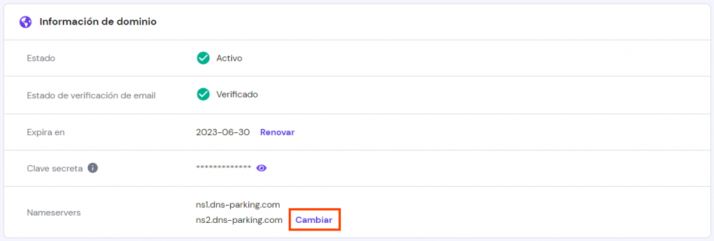 Sección Información de dominio de hPanel