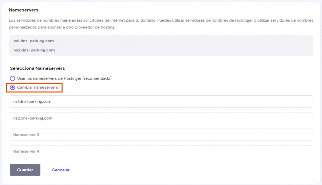 Ventana de Servidores de nombres de hPanel