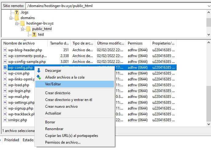 Ver/Editar wp-config.php en FileZilla