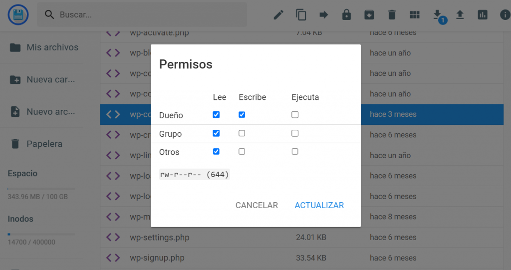 Permiso de los archivos