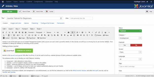 Visualización de la interfaz de usuario de Joomla